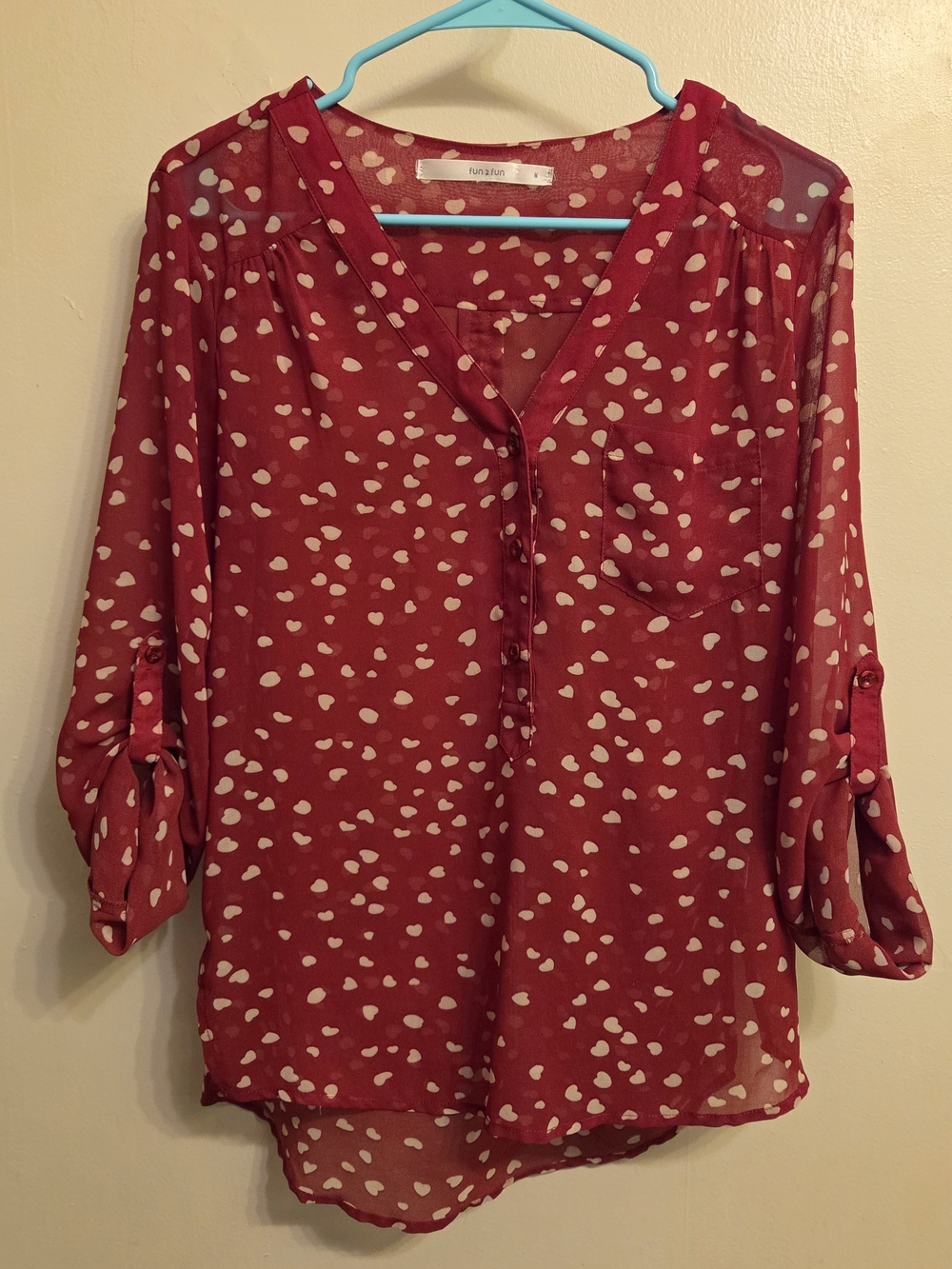 Fun 2 Fun Red Heart Sheer V-Neck Blouse M Coquette Romantic Aesthetic Roll Tab